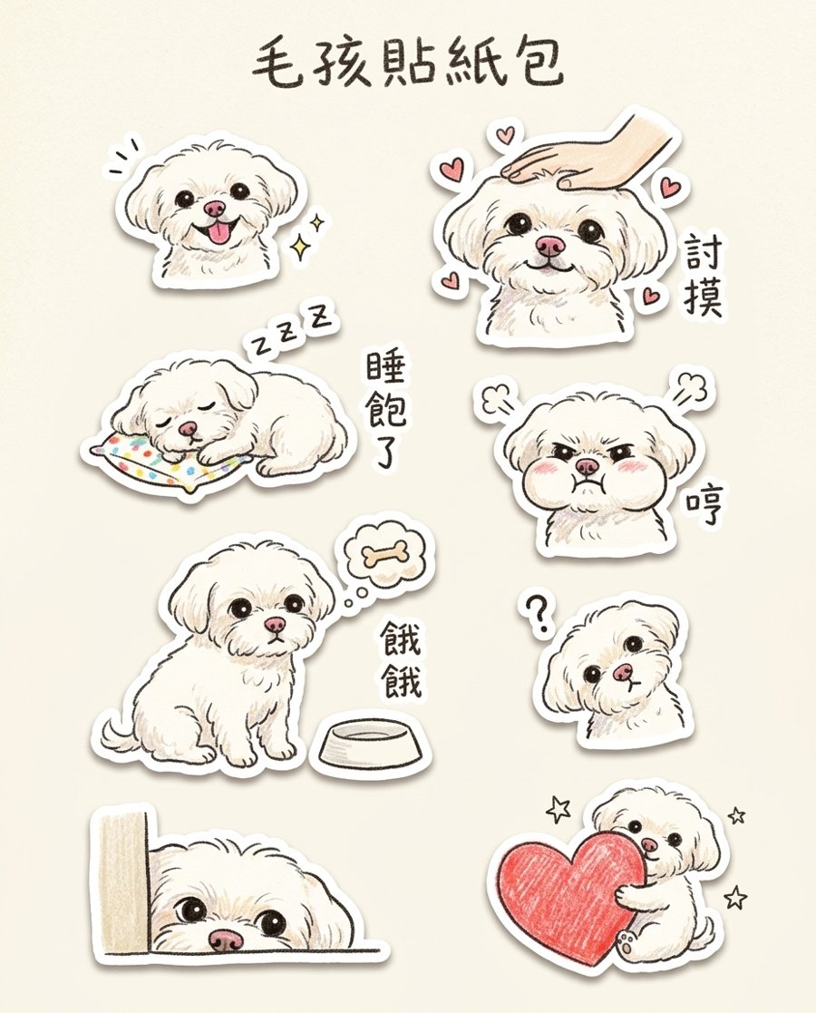 AI 畫的毛孩貼紙包：8 張手繪貼紙，有討摸、睡飽了、餓餓、哼四組字